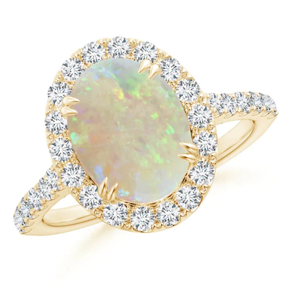 Double Claw-Set Oval Opal Halo Ring with Diamonds
